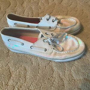 Women’s white, sparkly Sperry loafers